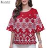ZANZEA Damen Ethnischer Druck Lässig Rundhals 3/4-Ärmel Lockere Bluse
