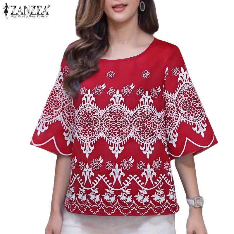 ZANZEA Damen Ethnischer Druck Lässig Rundhals 3/4-Ärmel Lockere Bluse
