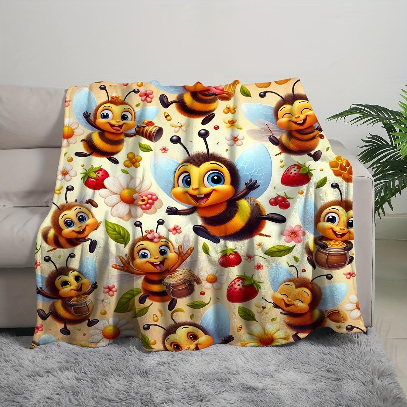 

1pc Whimsical Bee Cartoon Fleece Throw Blanket Cozy Reversible All-Season Flannel with Vibrant Digital Print for Sofa & Room 30x40in