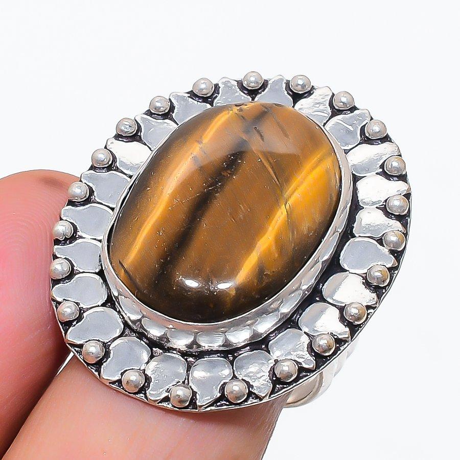 Natural Tiger Eye Gemstone Handmade 925 Sterling Silver Jewelry Ring Size 9 e3N80