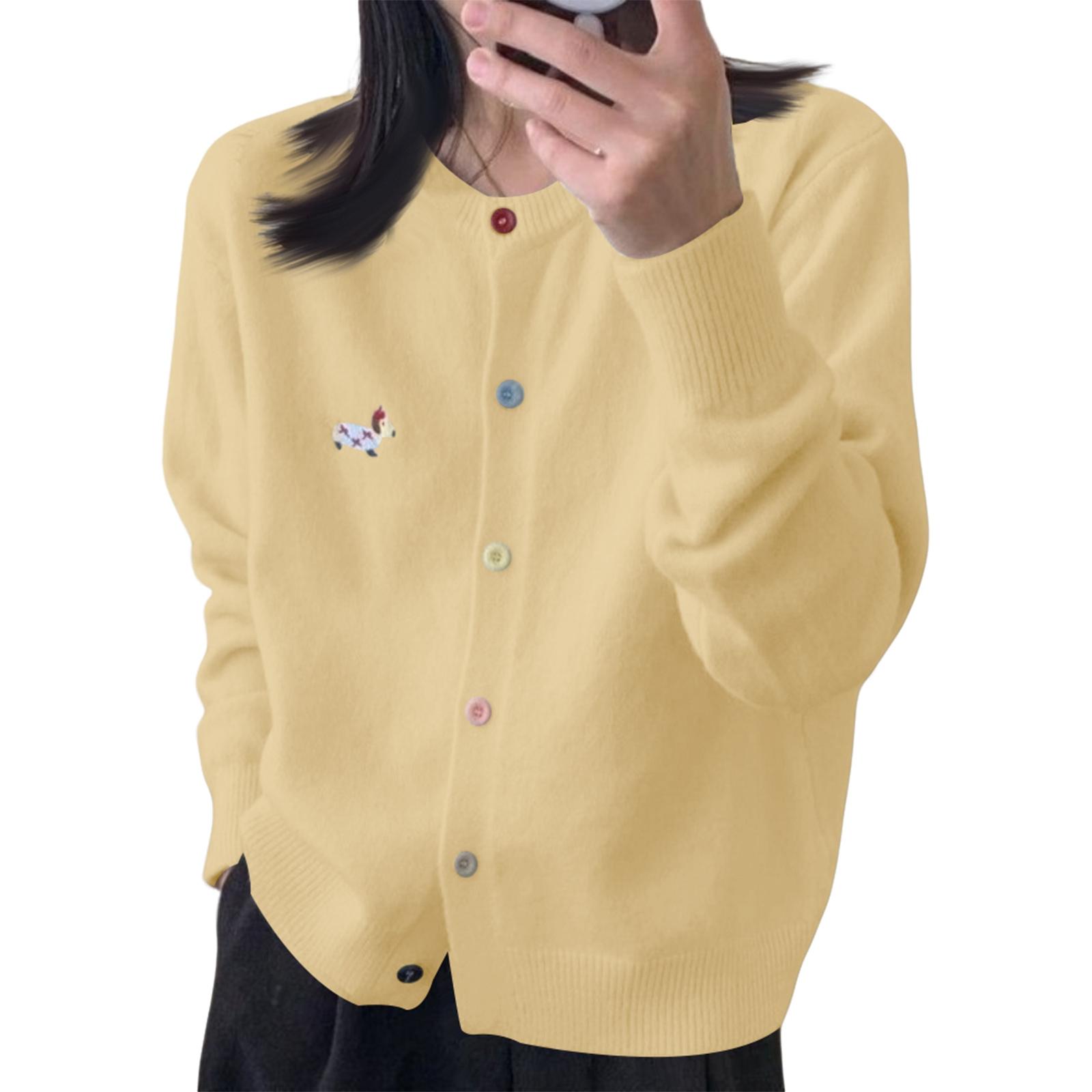 

Women s Colorful Buttons Unique Design Dachshund Embroidered Round Neck Versatile Cardigan Knitted One Size