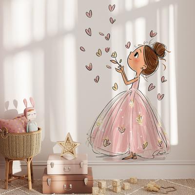 Pink Princess Dress Girl Wall Sticker for Girls Bedroom Heart Petal Dreamy Home Decor