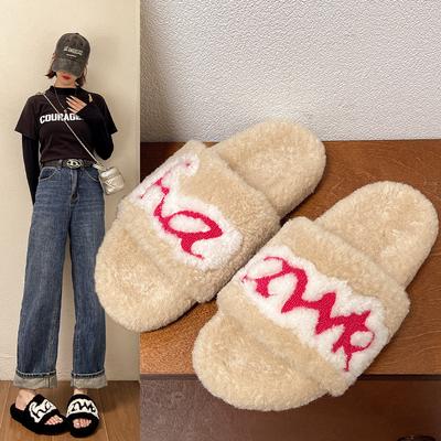 Fashion Fluffy Slippers Women Wear Autumn Winter 2024 New Niche Letters Home Flat Word Cotton Slippers