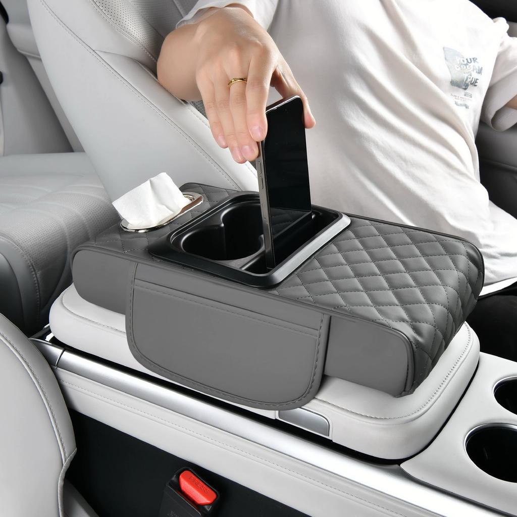 Car Center Console Armrest Cushion Thicken Arm Rest Box Pad Side Extension Cushion with Cup Holder Tissue Box Organizer Bag Universal Armrest Cover