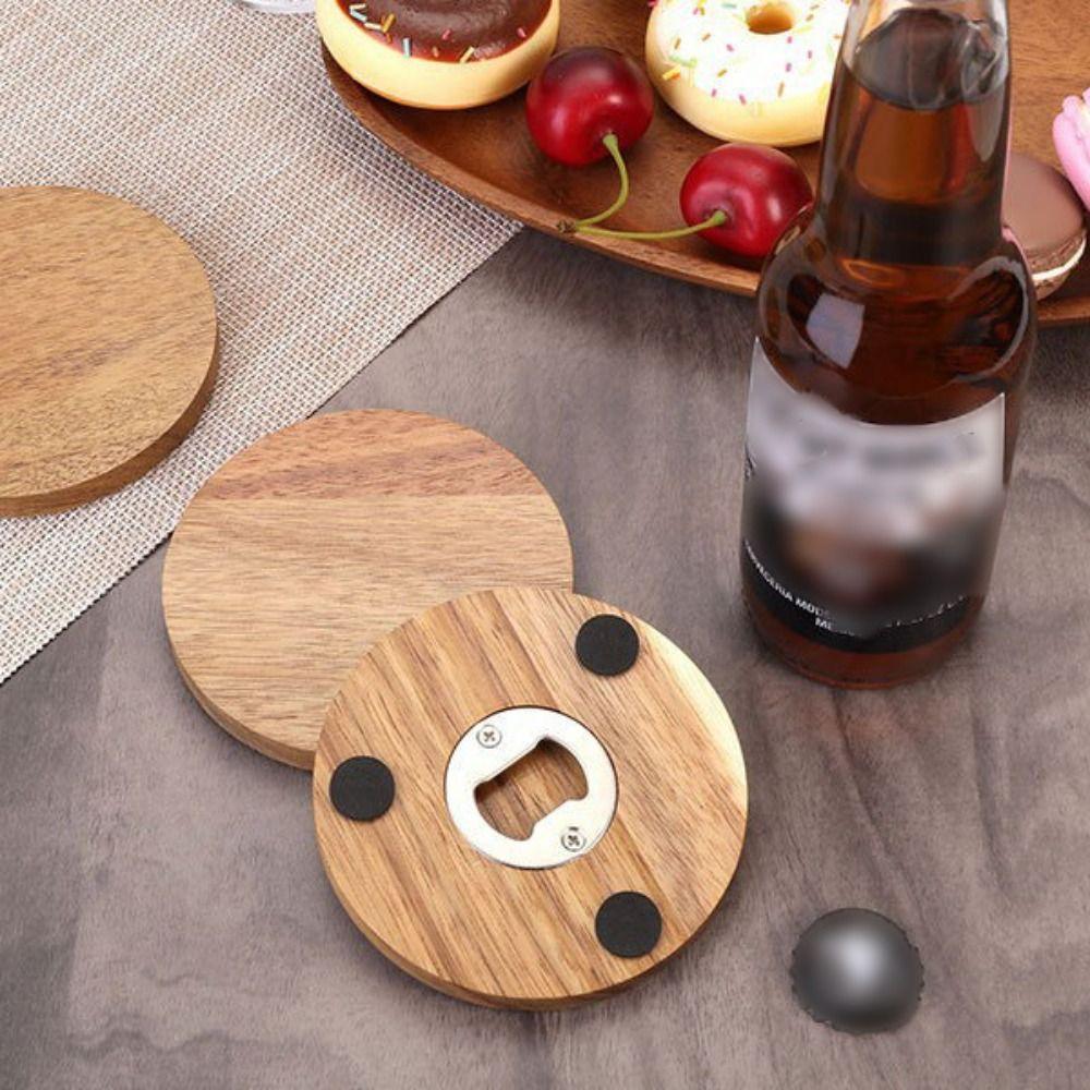 6PCS 2 in 1 Wood Coaster with Bottle Opener Round Party Cup Mat Set Creative Insulated Cup Pad  Bar
