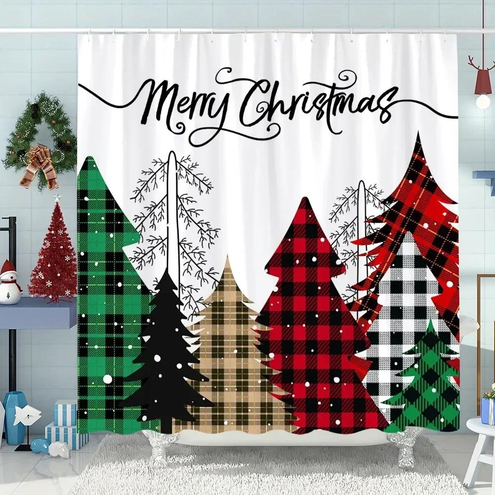 Snowman Christmas Tree Shower Curtain Merry Christmas Gift Polyester Fabric Home Shower Curtain Bathroom Decoration with Hooks