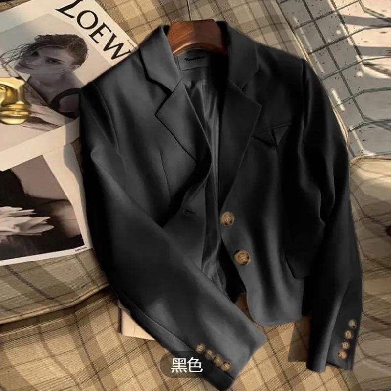 Women s Cropped Blazer Notched Lapel Two Button Short Suit Jacket with Pockets S чёрный