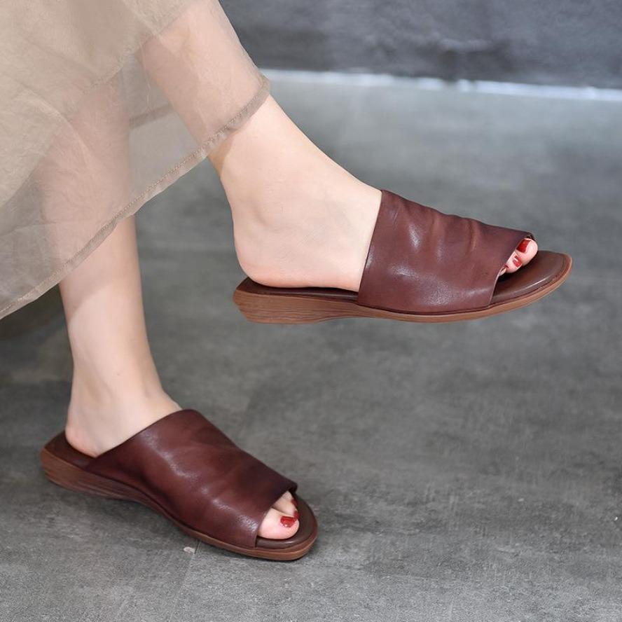Women Retro Cowhide Flat Sandals Versatile Handmade Fish Mouth Slippers Casual Summer