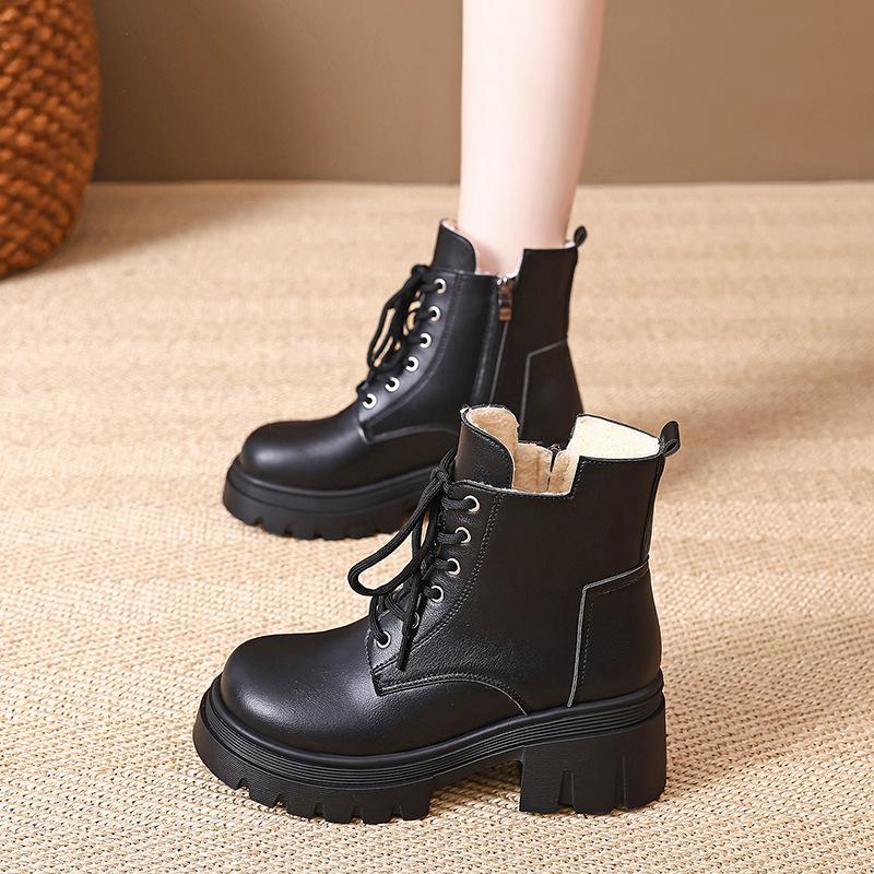 

British style thick-soled heightening Martin boots women s 2025 autumn and winter explosion velvet versatile short boots side zipper lace-up cotto 40