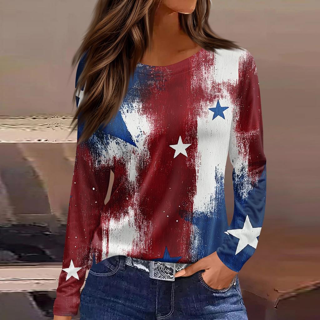 Women’s Long Sleeve Crewneck Top with American Flag and Floral Print Casual Loose Fit Pullover for Daily Wear