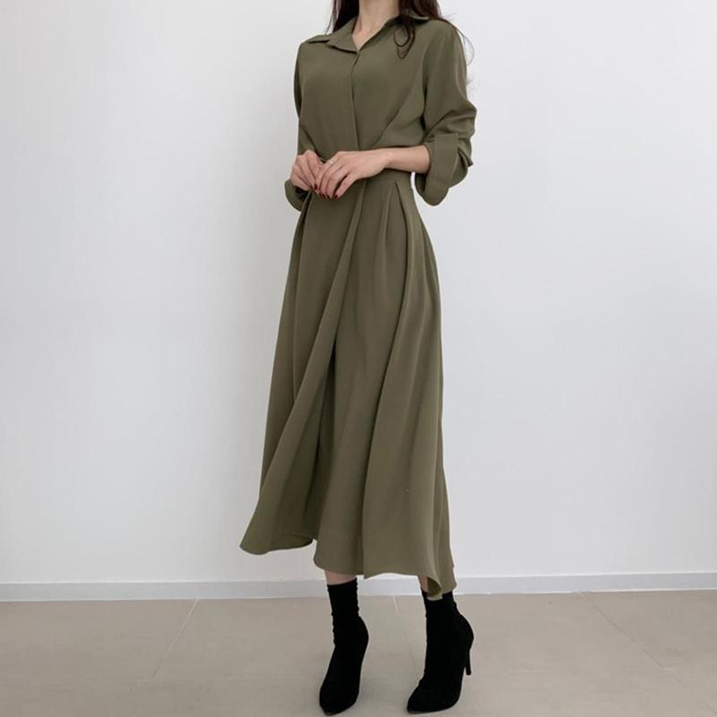 Summer New Elegant Fashion Solid Simple Waist Long Dress Women Polo-neck Temperament All-match Dresses Vestidos De Fiesta