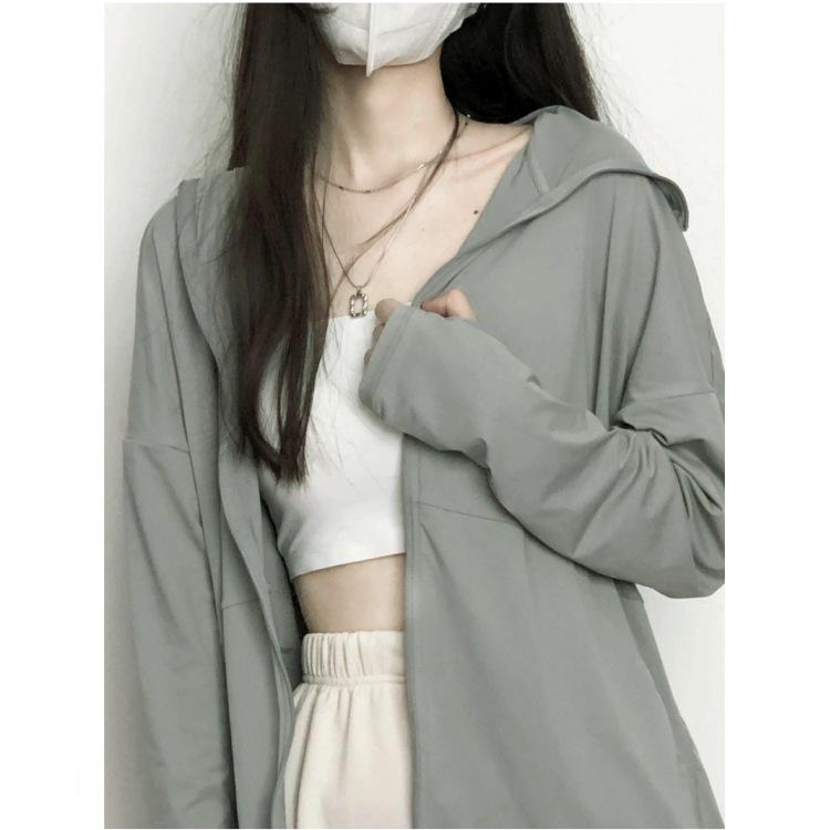 

Women s 2025 Summer Hooded Gray Sun Protection Jacket - Lightweight Ice Silk Zip-Up L [105-120 lbs]
