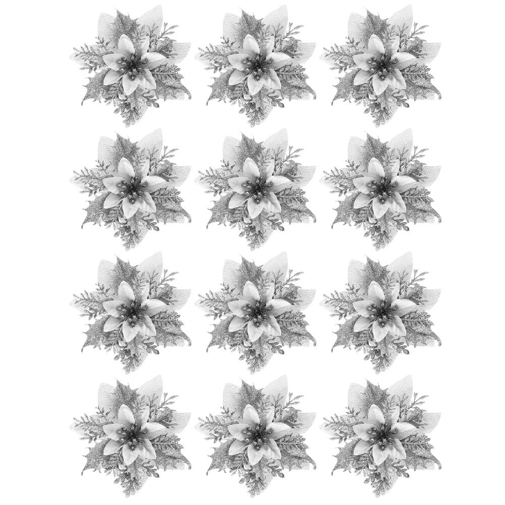 12Pcs Christmas Poinsettia Artificial Poinsettia Multi-Function Christmas Tree Flowers Ornaments for Holiday Party Festival