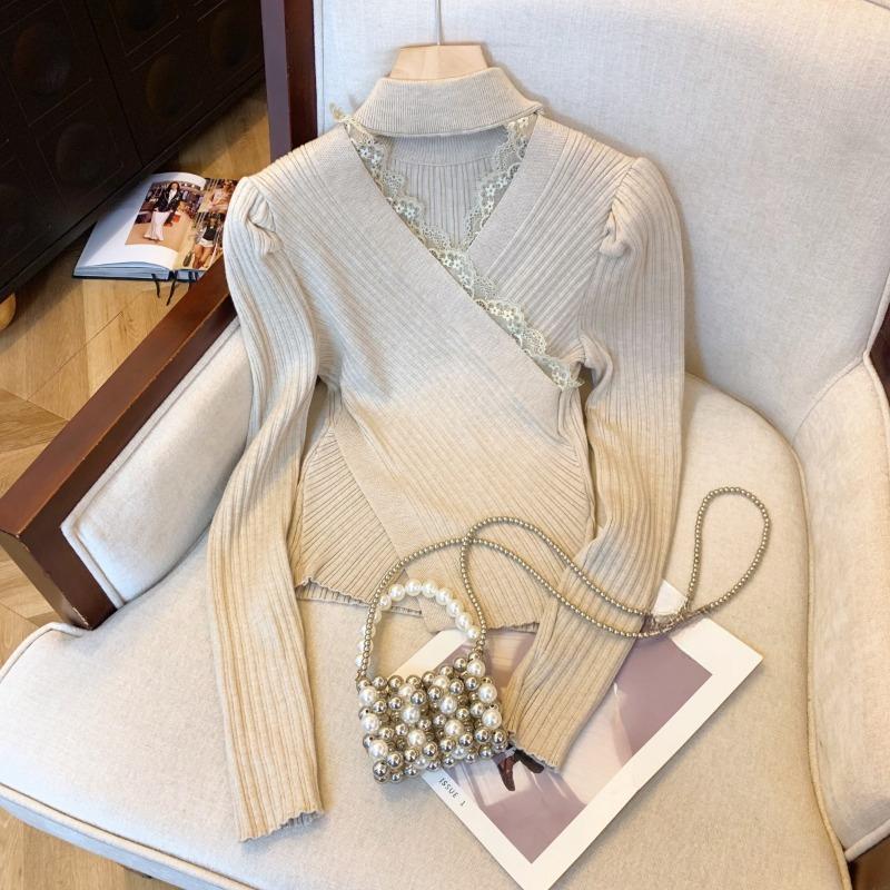 

Модный кружевной вязаный свитер с V-образным вырезом для женщин, осень и зима, сексуальные базовые пуловеры, свитера, облегающие женские, элегантные, однотонные, повседневные, трикотажные изделия 25567 One Size хаки