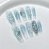 Handmade Press-On Nails Long Coffin Shape With Ocean Blue Ombre Floral Design Sparkle Glitter Women