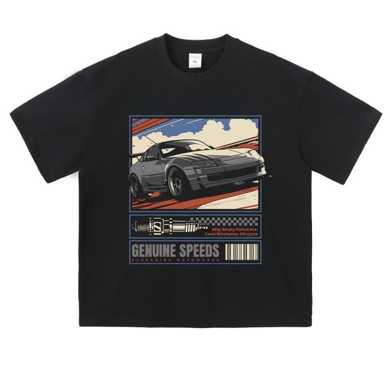 Vintage Comic Racing Car Print Washed Distressed Cotton Tee Loose Fit Drop Shoulder Short Sleeve Mens T-Shirt