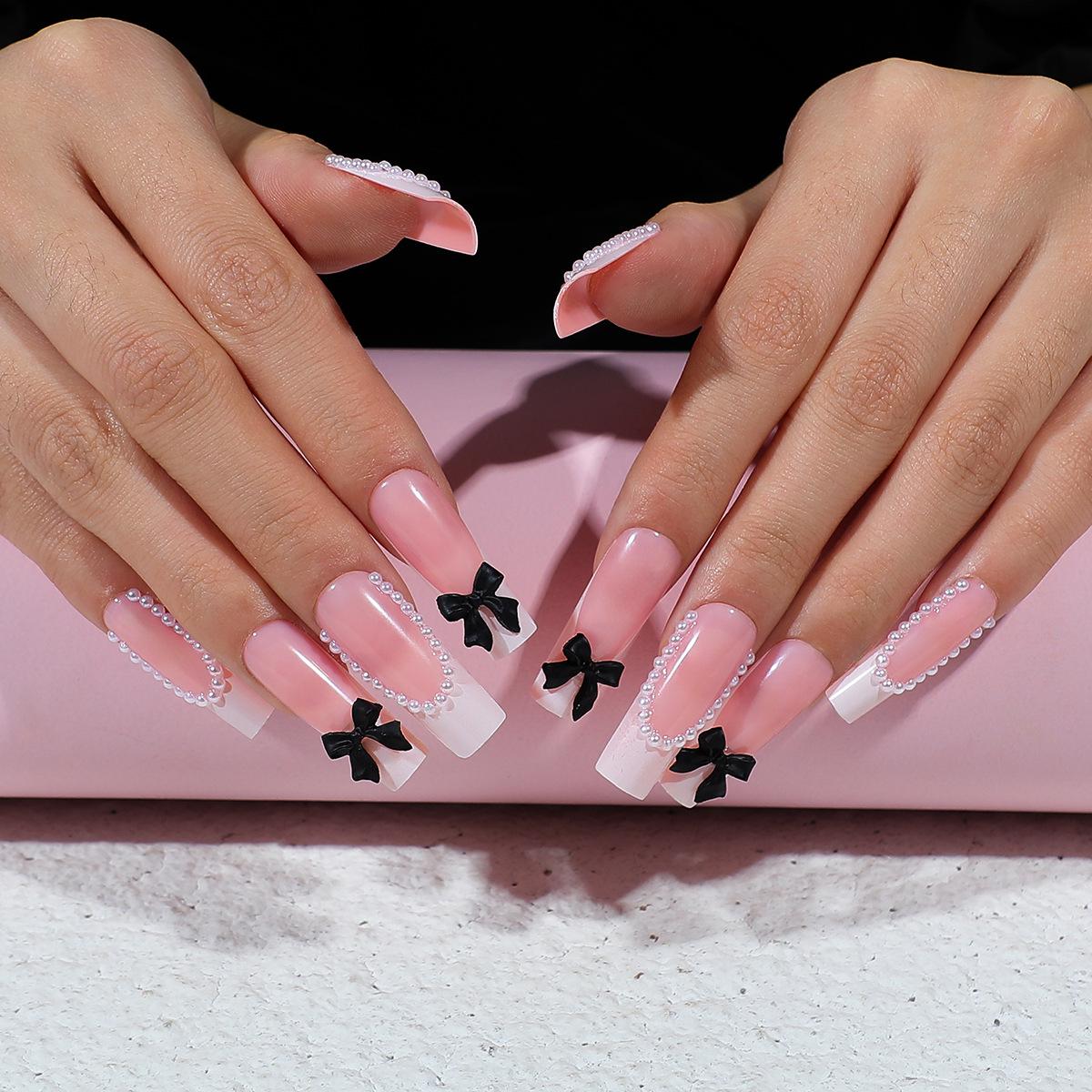 

Long French Press-on Nails with Pearl Bow and Removable Design