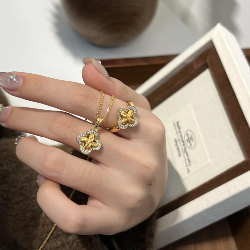 Vintage French Jewelry Set for Women Brushed Vine Clover Ring Diamond Pendant Necklace Flower Earrings