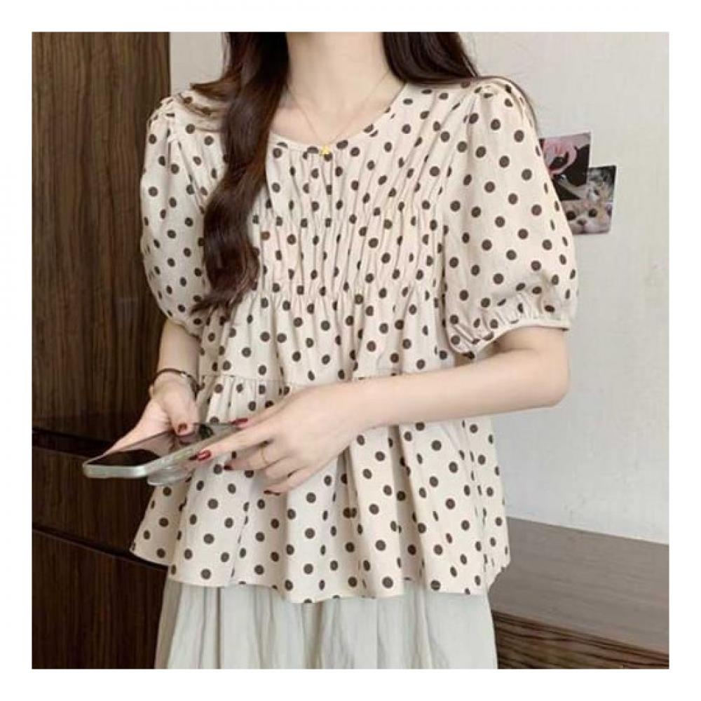 Navava Short Sleeve Blouse Romantic Dot Shirring Puff Nb2261