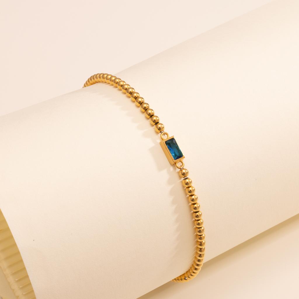Birthstone Charm Ball Beaded Bracelet 18K Gold Plated Stainless Steel Month Stone Stretch Jewelry