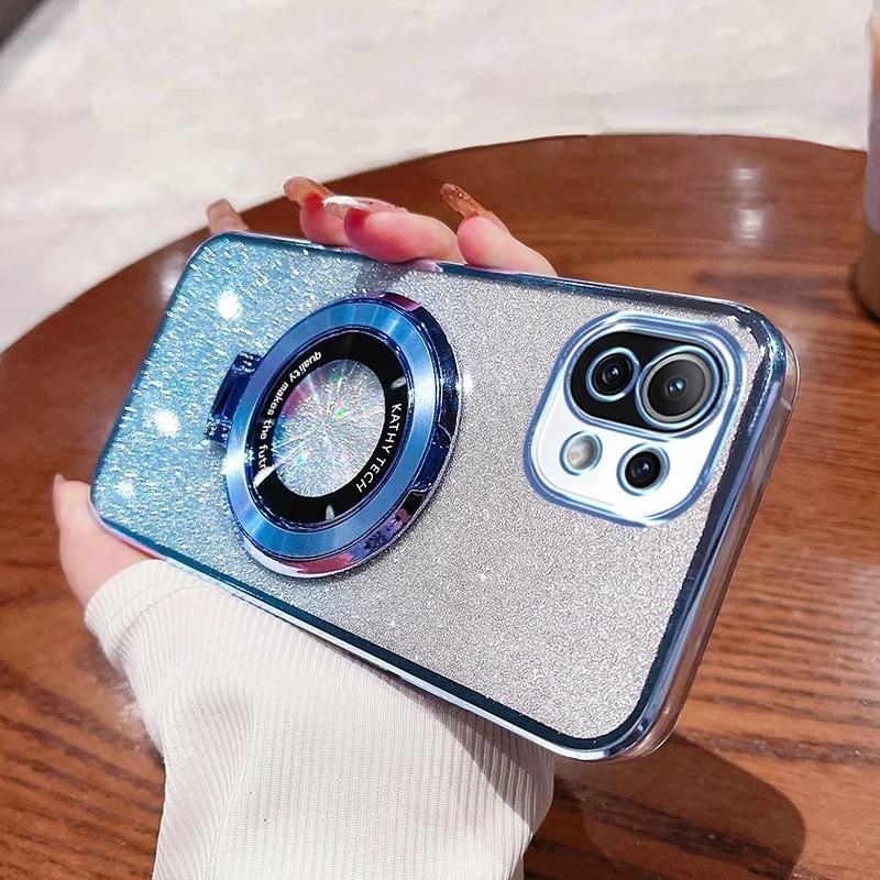 Mi11lite Glitter Plating Holder Silicone Case For Xiaomi Mi 11 Lite 5g Ne 11t 13 13t Mi13t Pro 12 12t 10t 14 Stand Cover Mi14t