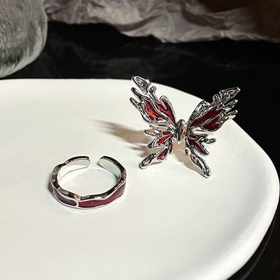 Punk Gothic Red Butterfly Ring Vintage Light Luxusní otvírací Prsten s nastavitelným prstem Francouzský styl Personalizovaný Party Šperky Dárek