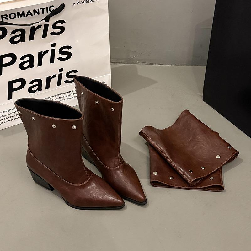 Black Mermaid Ankle  Retro Round Head Small Design Sense Long Tube  Rivet Knight Boots Over Knee High Boots