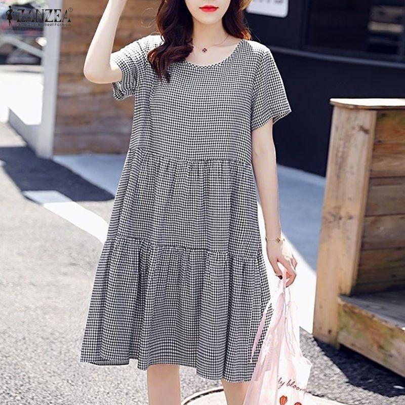 ZANZEA Women Casual Round Neck Summer Short Sleeve Plaid Print Dress