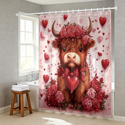 1pc Valentine's Day Red Highland Cow Print Waterproof Shower Hanging Curtain with 12 Hooks Multiple Sizes