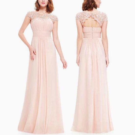 Women's Lace Bridesmaid Dress Cap Sleeve Ruched Round Neck Chiffon Formal Evening Gown A-Line Wedding Guest Maxi Dress for Cocktail Party Prom