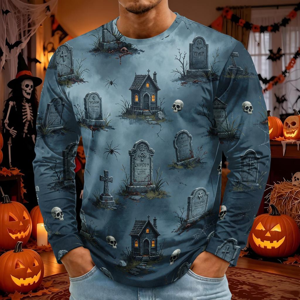 Men's Long Sleeve Halloween Print T-Shirt with Round Neck, Fashion Top for Halloween Events