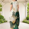 Women Plus Size Round Neck Short Sleeve Black Floral Tree Print Loose Long Dress With Side Pockets