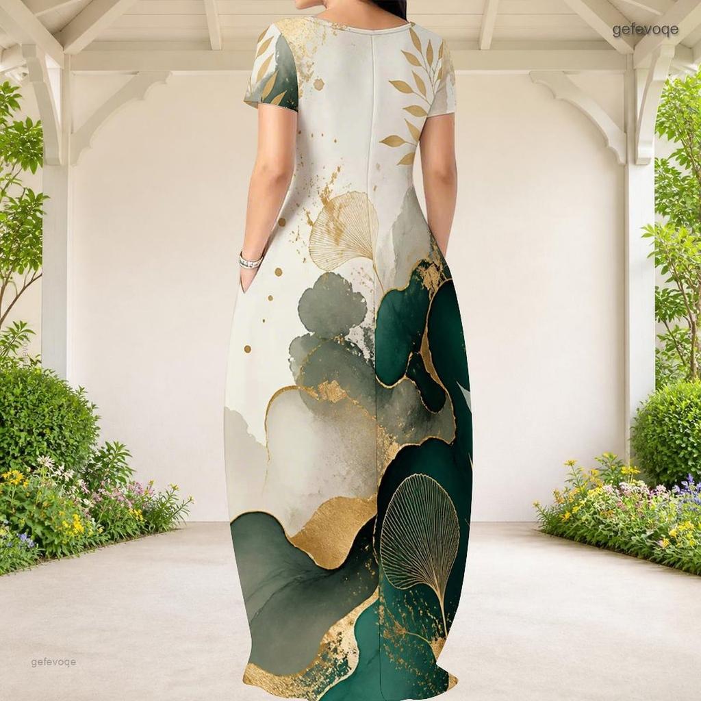 Women Plus Size Round Neck Short Sleeve Black Floral Tree Print Loose Long Dress With Side Pockets