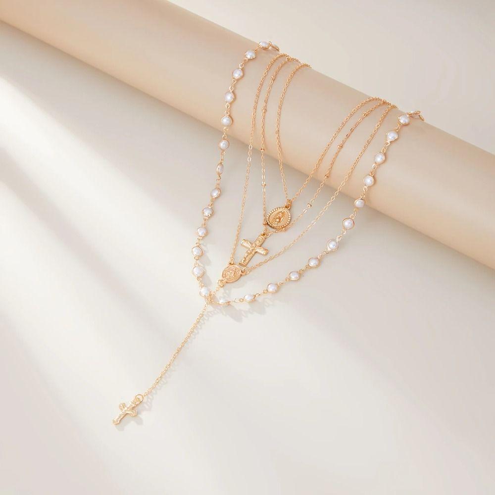 Cross Cross Pendant Necklace Multilayer Clavicle Chain Simple Imitation Pearl Necklace  Gift