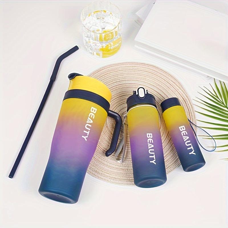 3ks Ledový pohár, Matná slámka s gradientním zbarvením, Plastový kelímek na vodu s dvojitým pitím, Velkokapacitní kelímek do auta s uchem