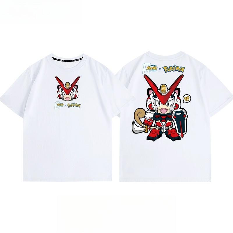 Pokémon Joint Mobile Suit Gundam Cartoon Short Sleeve Top Anime Peripheral Mens and Womens Summer TShirt Top Clothing