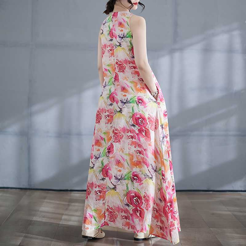 New Boho Long Dress Summer New Style Add Fat To Increase Sleeveless Crew-neck Print Dress