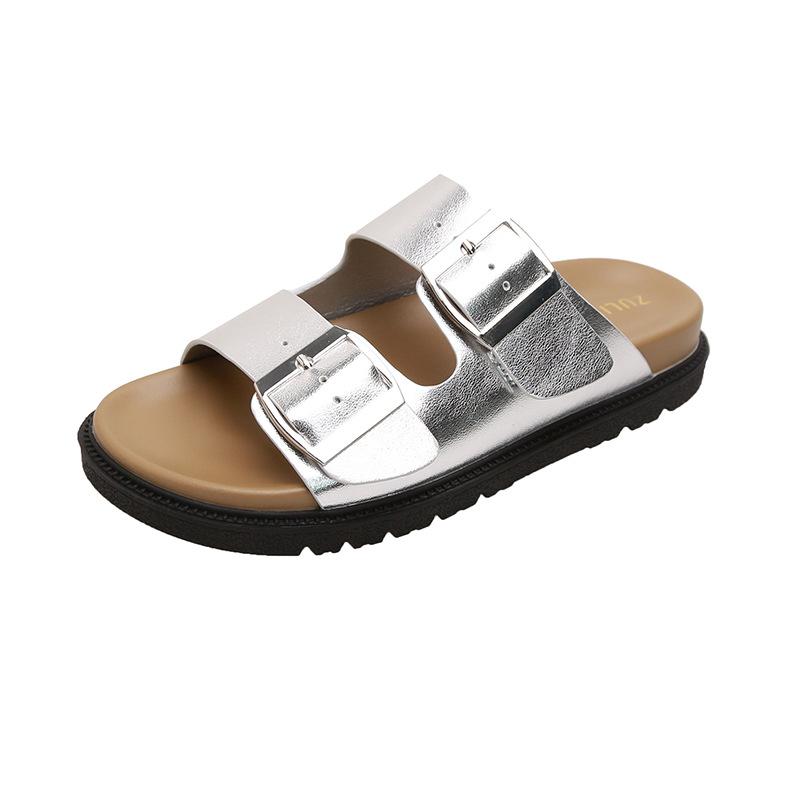 

Летние новые на плоской подошве с квадратной пряжкой на толстой подошве пляжные крутые шлепанцы женские 40