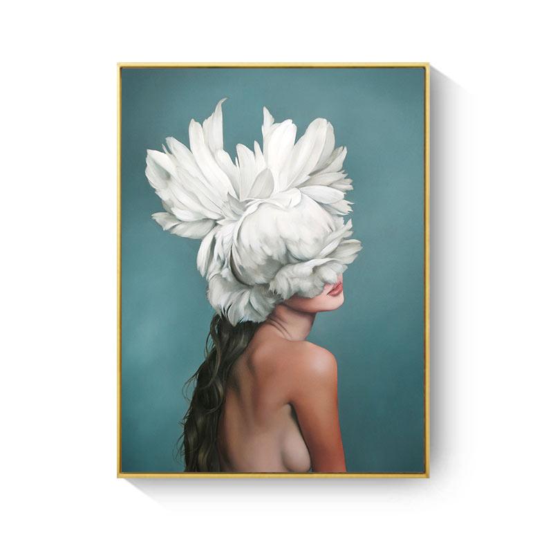 HAOCHU Posters and Prints Flowers Feather Sexy Women Character Canvas Painting Wall Pictures For Living Room Home Decoration