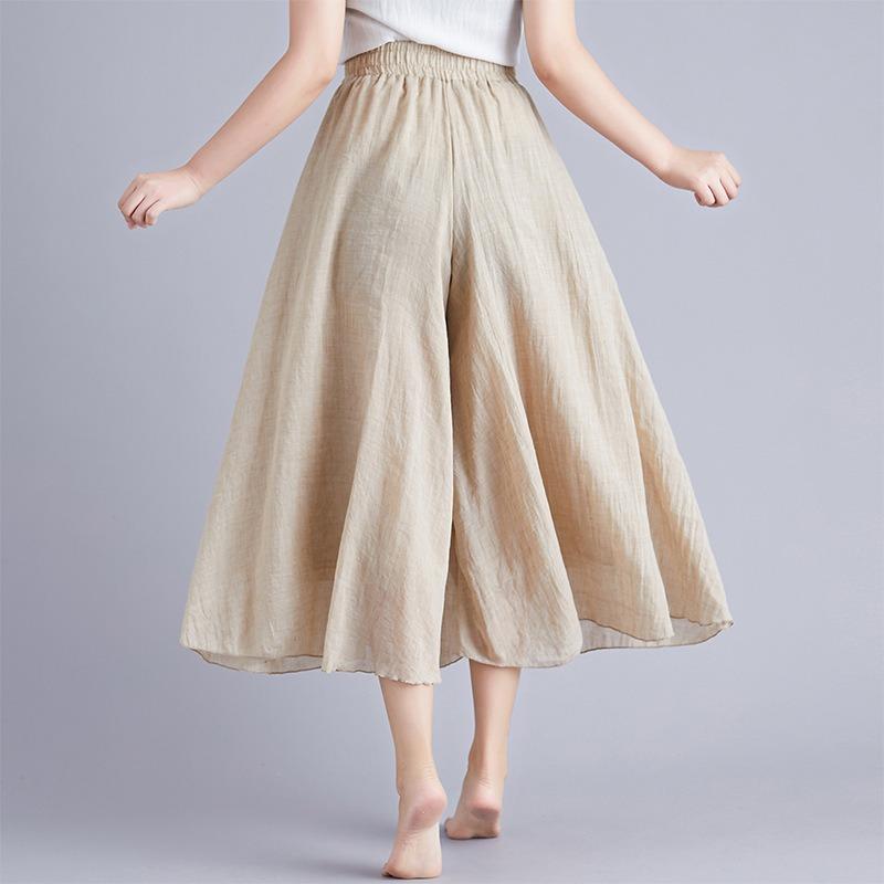 Summer Women's Trousers Artistic Large Size Cotton and Linen Wide-leg Trouser Skirt Linen Skirt Elastic Waist Solid Color Ethnic Style Trouser Skirt
