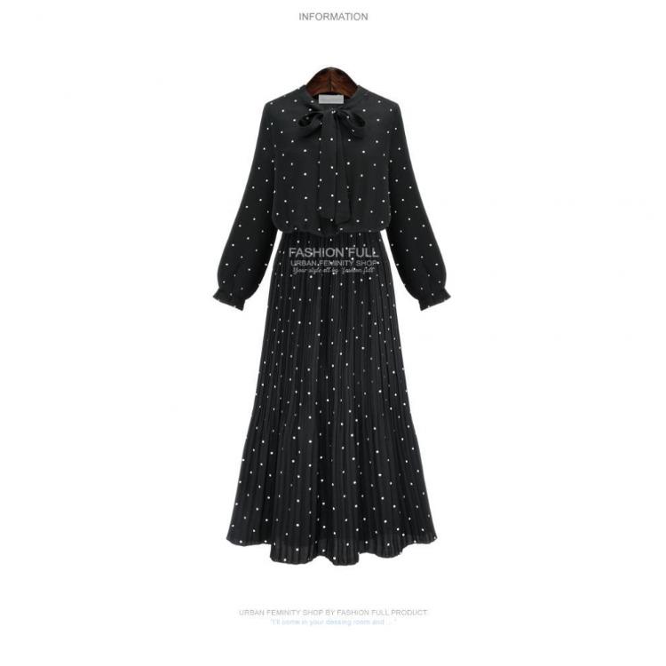 Übergröße Böhmisches Gepunktetes Plissee Langarmkleid für Damen