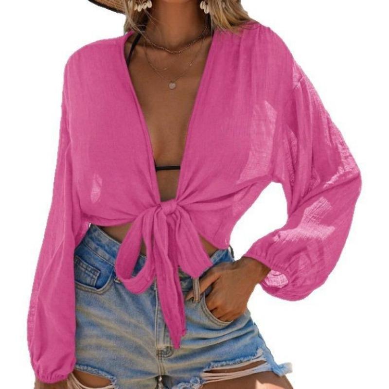 Damen Rosa V-Ausschnitt Laternenärmel Bindung vorne Cropped Kimono Überwurf