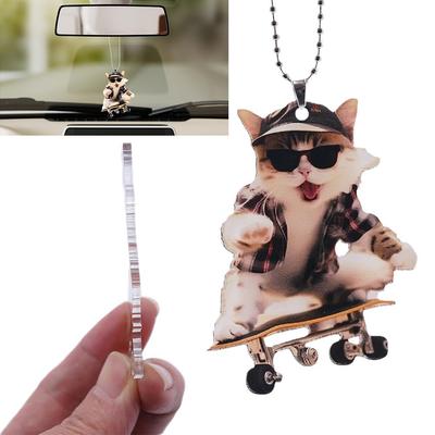 Creative Acrylic Flat 2D Cool Skateboarding Cat Pendant Decora Pendant Car Interior Interior Re Y2H7