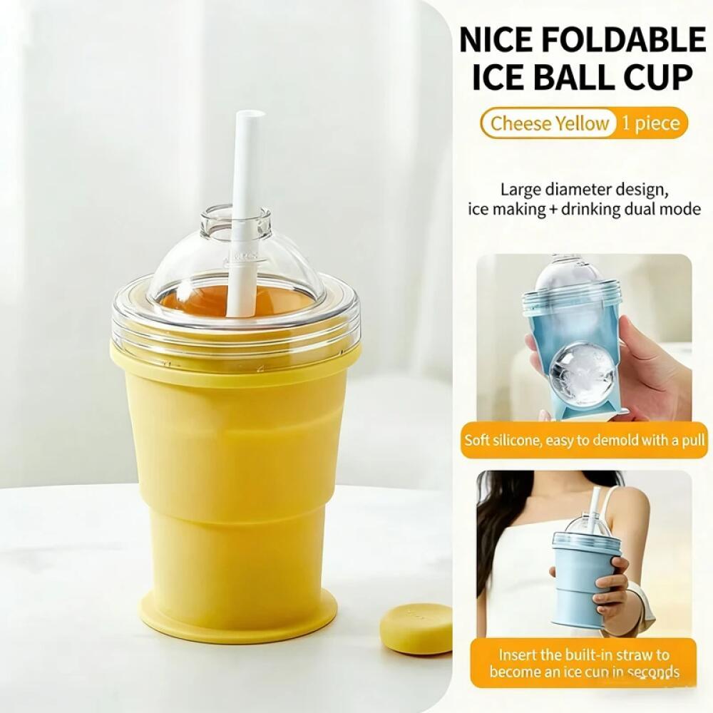 2 In 1 Foldable Silicone Ice Ball Maker Drinking Cup Build-in Straw Ice Ball Mold Travel Mug Portable for Juice &Cocktails Summer Kitchen Tools