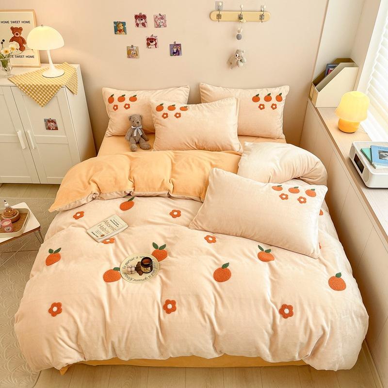 Cartoon Milk Velvet Four Piece Patch Embroidered Coral Velvet Quilt Cover Flannel Sheet Quilt Cover