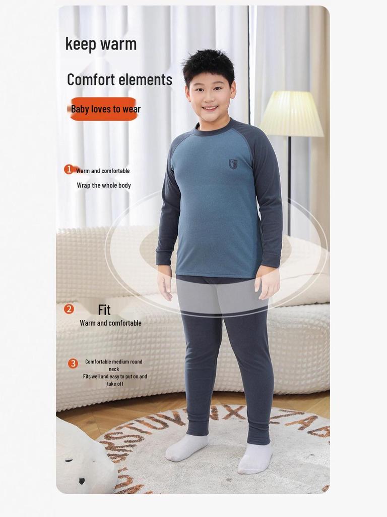 Cozy Kids' Patchwork Thermal Set: Antibacterial Boys' & Girls' Underwear and Pajamas for Autumn & Winter