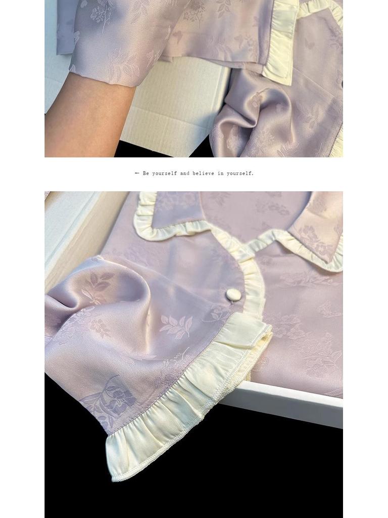 French Floral Ice Silk Long-Sleeve Ruffle Pajamas for Women - Spring & Autumn