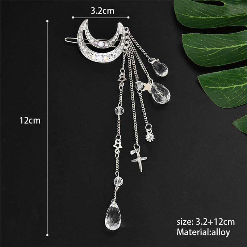 Women's crescent moon and star tassel hair clip, rhinestone and crystal moon and star girly side clip