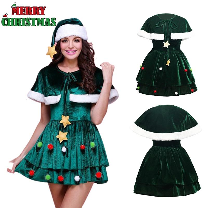 Luxury Xmas Velvet Women Christmas Tree Outfit Dress Cloak Hat Party Props Plus Size