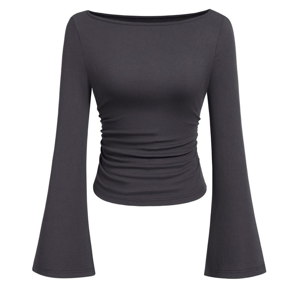 Women' Fashionable Pure-colored Flared-sleeve Long-sleeved Top